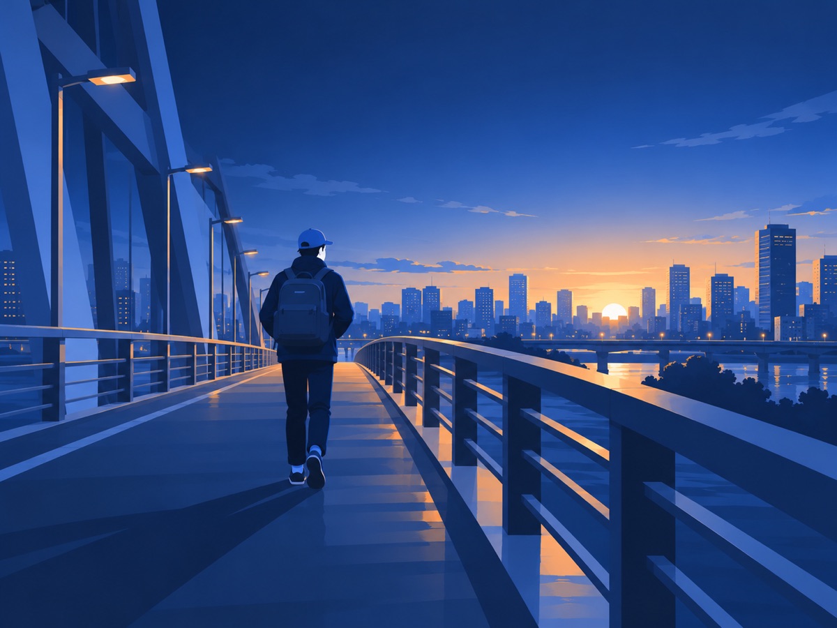 街と街をつなぐ橋を歩いていく後ろ姿のイラスト